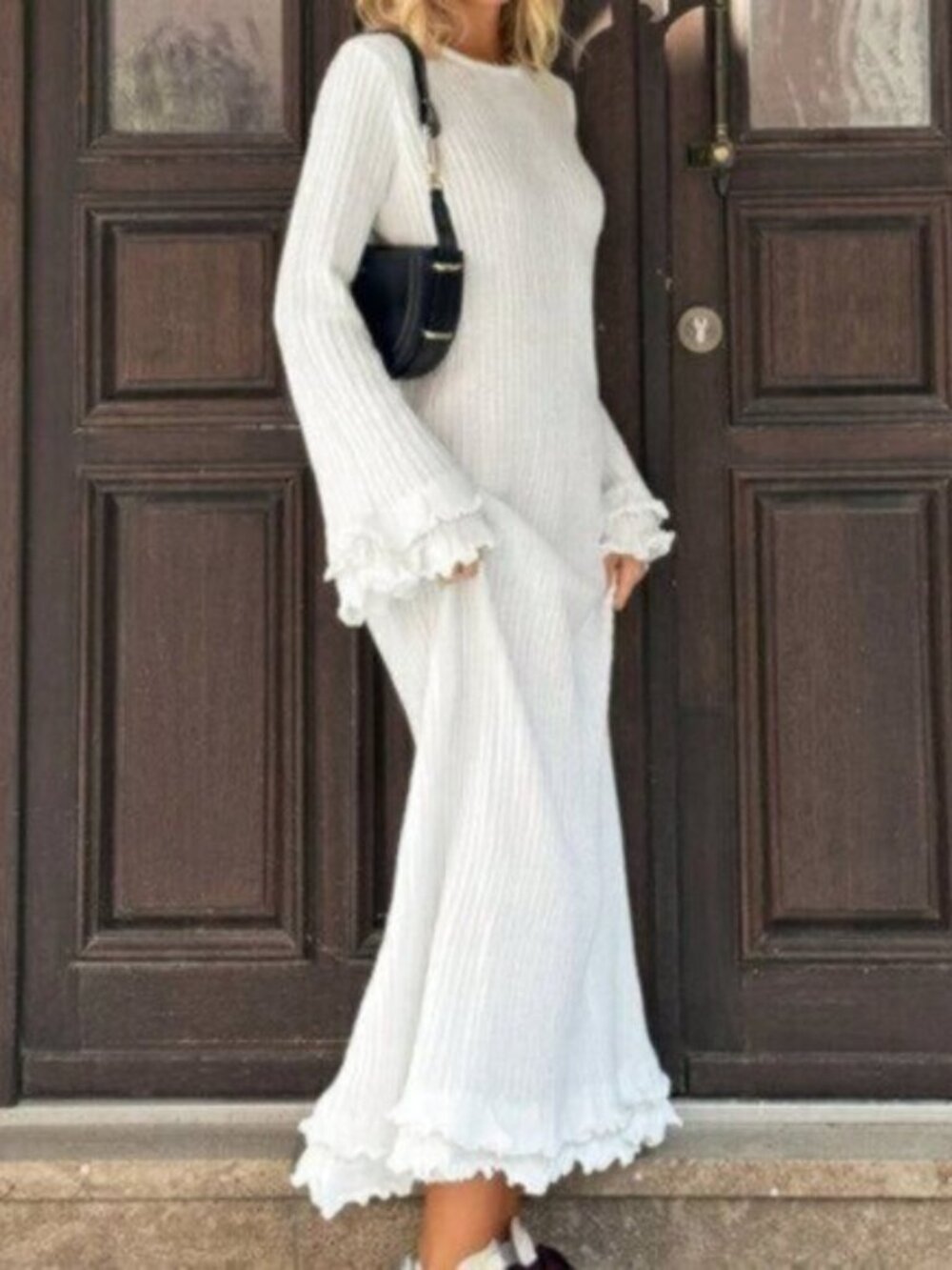 White Elegant Women's Long Sleeve Crew Neck Flare Cuff Sweater Dress